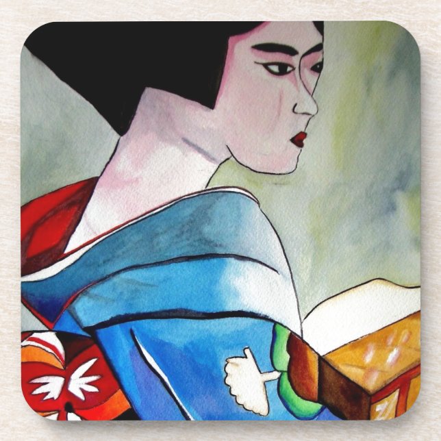 Japanese Geisha with Blue Kimono original art Coaster (Front)