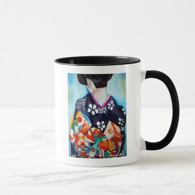 Japanese Geisha with blue kimono original art Mug (Right)