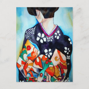 Japanese Geisha with blue kimono original art Postcard