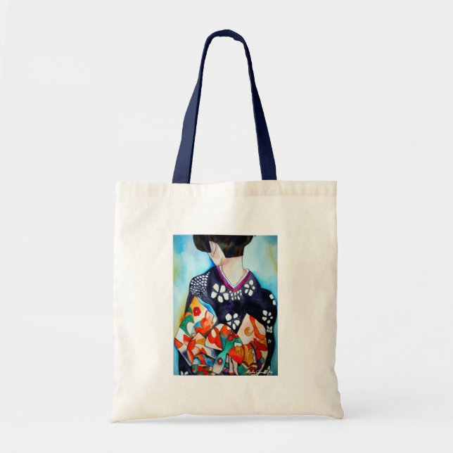 Japanese Geisha with blue kimono original art Tote Bag (Front)