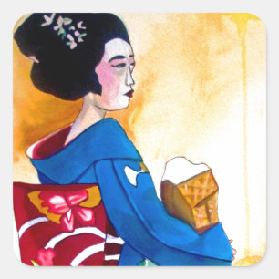 Japanese Geisha with blue kimono Square Sticker