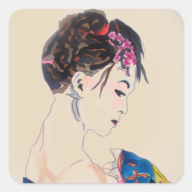 Japanese Geisha with blue kimono Square Sticker (Front)