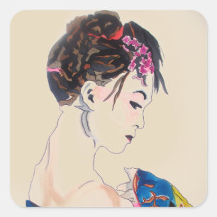 Japanese Geisha with blue kimono Square Sticker