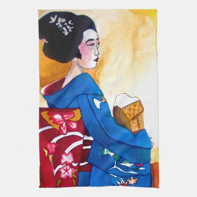 Japanese Geisha with blue kimono Tea Towel (Vertical)