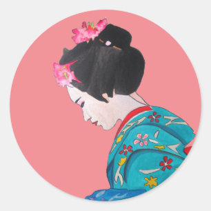 Japanese Geisha with cherry blossom wedding Classic Round Sticker
