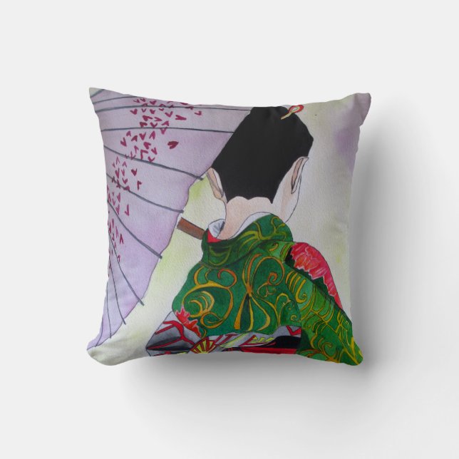 Japanese Geisha with decorated kimono and umbrella Cushion (Front)