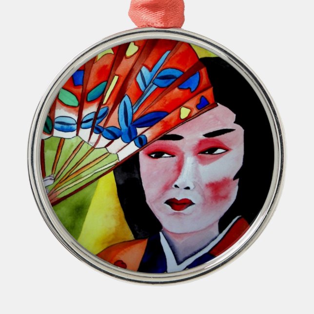 japanese Geisha with fan original art painting Metal Tree Decoration (Front)