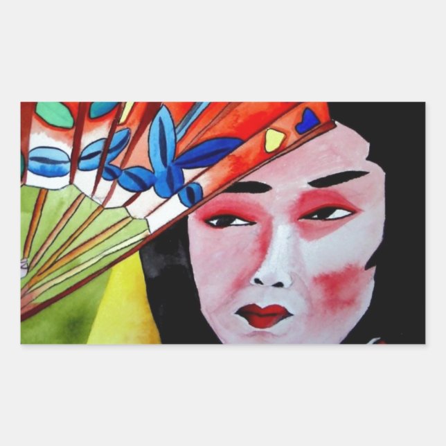 japanese Geisha with fan original art painting Rectangular Sticker (Front)