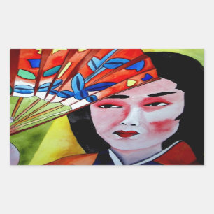 japanese Geisha with fan original art painting Rectangular Sticker