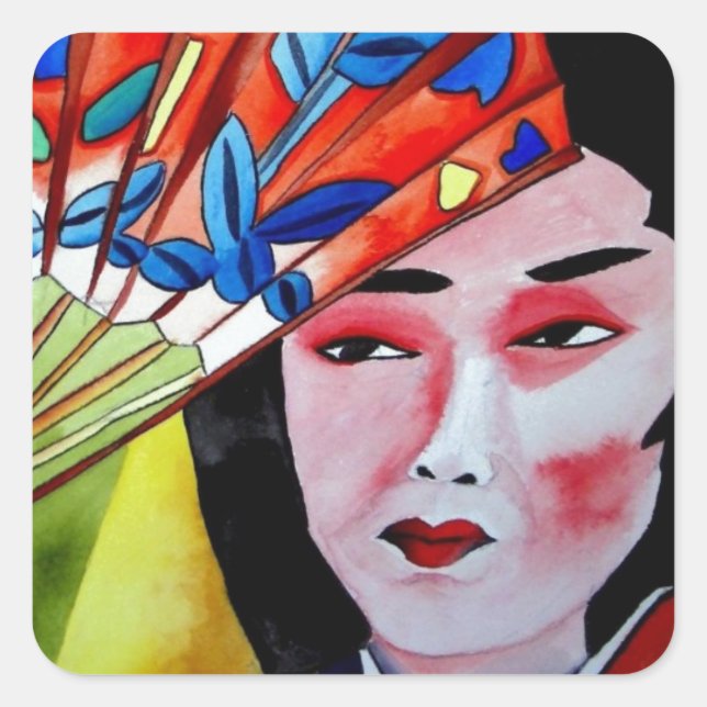 japanese Geisha with fan original art painting Square Sticker (Front)