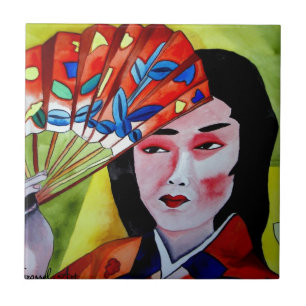 japanese Geisha with fan original art painting Tile