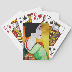 Japanese Geisha with green kimono original art Playing Cards