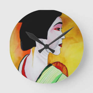Japanese Geisha with green kimono original art Round Clock