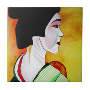 Japanese Geisha with green kimono original art Tile