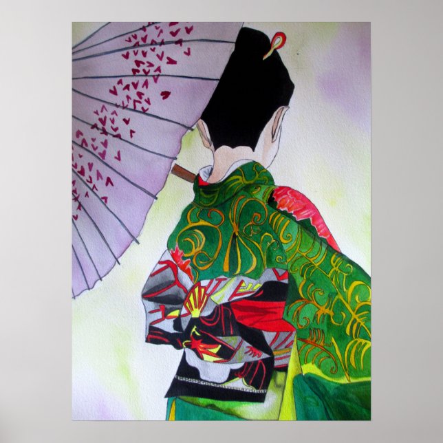 Japanese Geisha with kimono and purple umbrella Poster (Front)