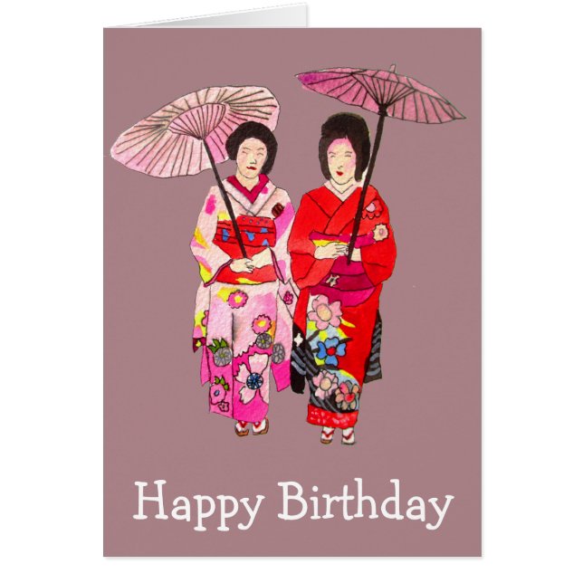 Japanese Geisha with pink kimono birthday (Front)