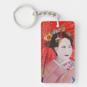 Japanese Geisha with red umbrella art Key Ring