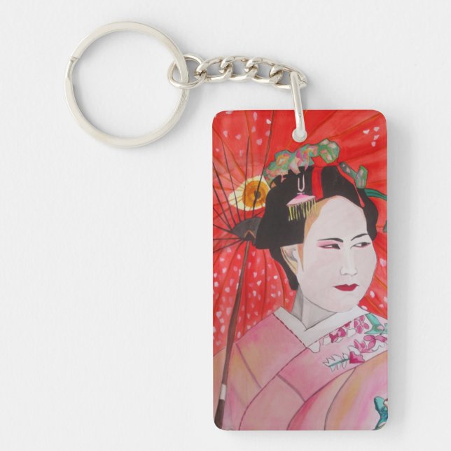 Japanese Geisha with red umbrella art Key Ring (Front)