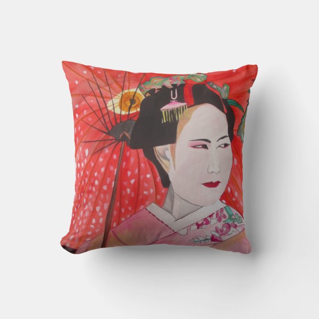 Japanese Geisha with red umbrella Cushion (Front)