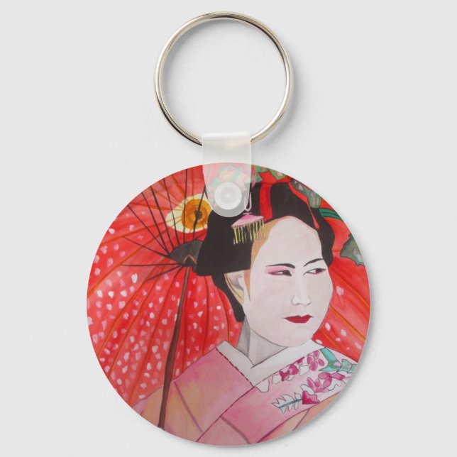 Japanese Geisha with red umbrella original art Key Ring (Front)