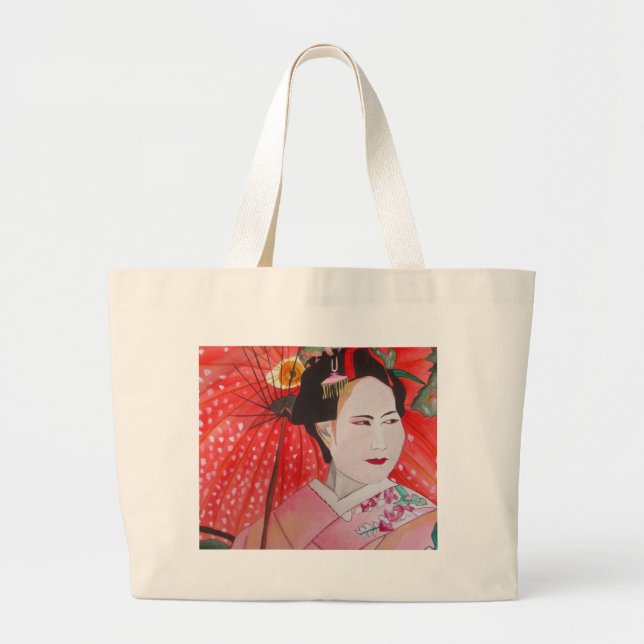 Japanese Geisha with red umbrella original art Large Tote Bag (Front)
