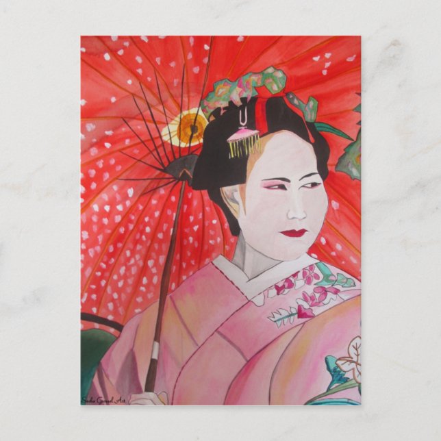 Japanese Geisha with red umbrella original art Postcard (Front)