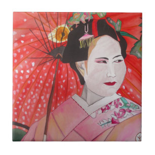 Japanese Geisha with red umbrella original art Tile