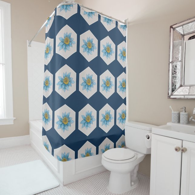 Japanese Geometric Lily Flower Pattern  Shower Curtain (In Situ)