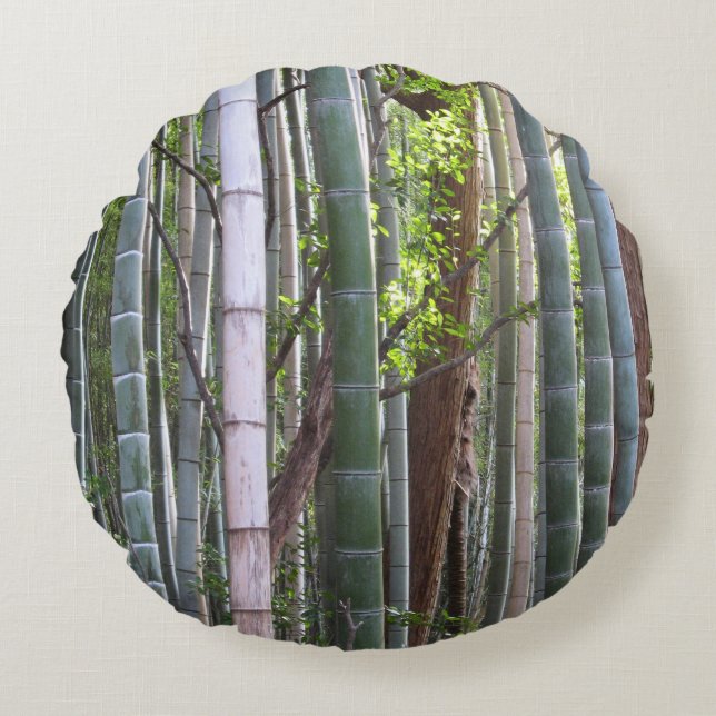 Japanese Giant Bamboo Forest, Sagano, Kyoto, Japan Round Cushion (Front)