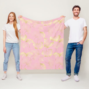 Japanese Ginkgo Gold Line Art Pink Pattern Fleece Blanket