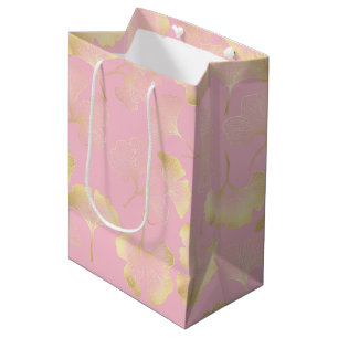 Japanese Ginkgo Gold Line Art Pink Pattern Medium Gift Bag