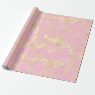 Japanese Ginkgo Gold Line Art Pink Pattern Wrapping Paper