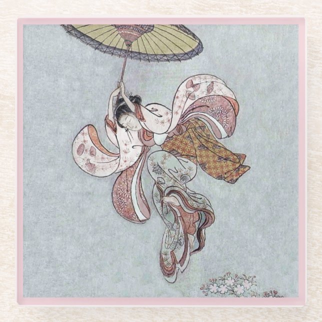 Japanese Girl Flying with Umbrella Glass Coaster (Front)
