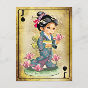 Japanese girl in kimono picking lotus flowers postcard