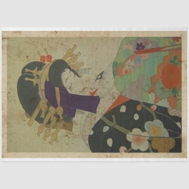 Japanese Girl Kimono Woodblock Print Ukiyo Style Tissue Paper (Front)