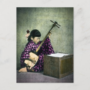 Japanese Girl Musician Shamisen Vintage Postcard