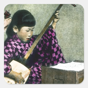 Japanese Girl Musician Shamisen Vintage Square Sticker