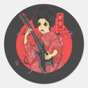 Japanese Girl Playing Guitar Classic Round Sticker