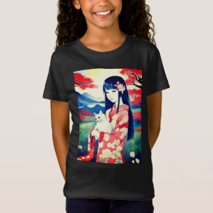 Japanese Girl with a White Cat Girl's Tee