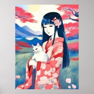 Japanese Girl with a White Cat Poster