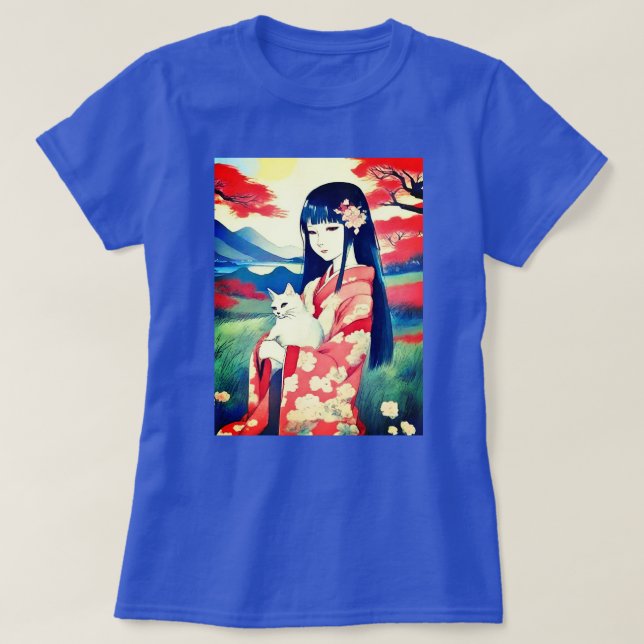 Japanese Girl with a White Cat T-Shirt (Design Front)