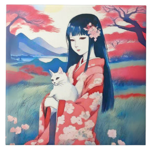 Japanese Girl with a White Cat Tile