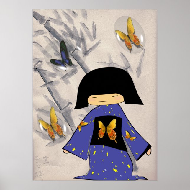 Japanese Girl with Butterfly Bubbles Poster (Front)
