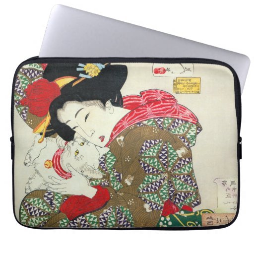 Image of Japanese girl with Cat, Tsukioka Yoshitoshi Laptop Sleeve