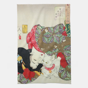 Japanese girl with Cat, Tsukioka Yoshitoshi Tea Towel