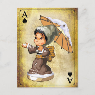 Japanese girl with umbrella in the snow postcard