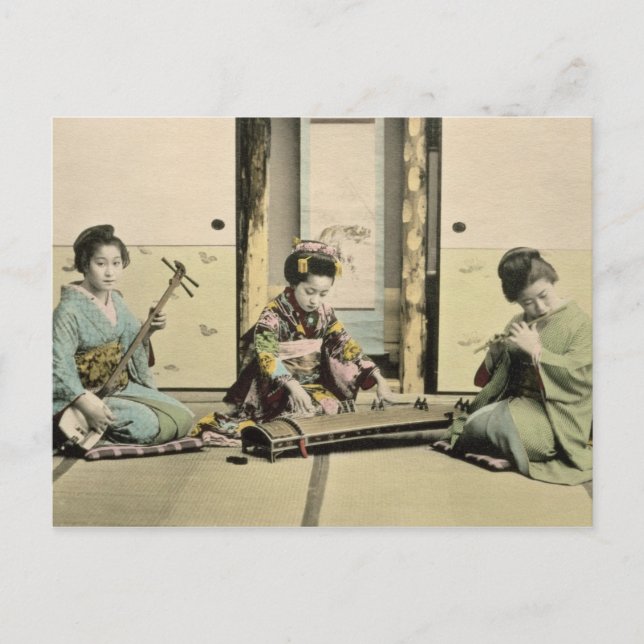 Japanese girls playing the flute, 'koto' and samis postcard (Front)