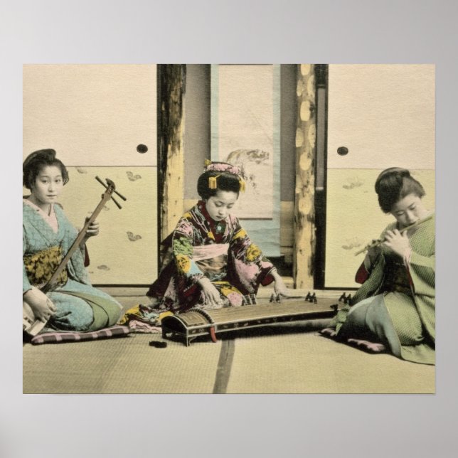 Japanese girls playing the flute, 'koto' and samis poster (Front)