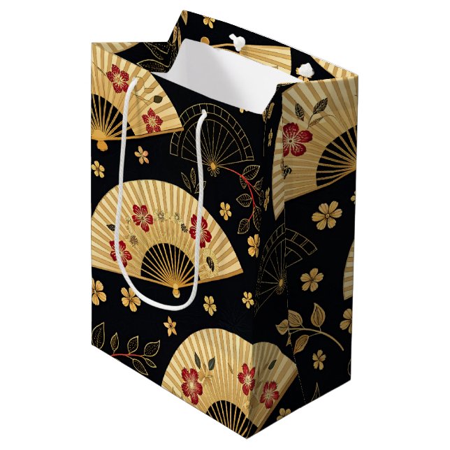 Japanese Gold Fan Sakura Pattern Medium Gift Bag (Front Angled)