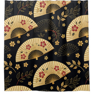 Japanese Gold Fan Sakura Pattern Shower Curtain